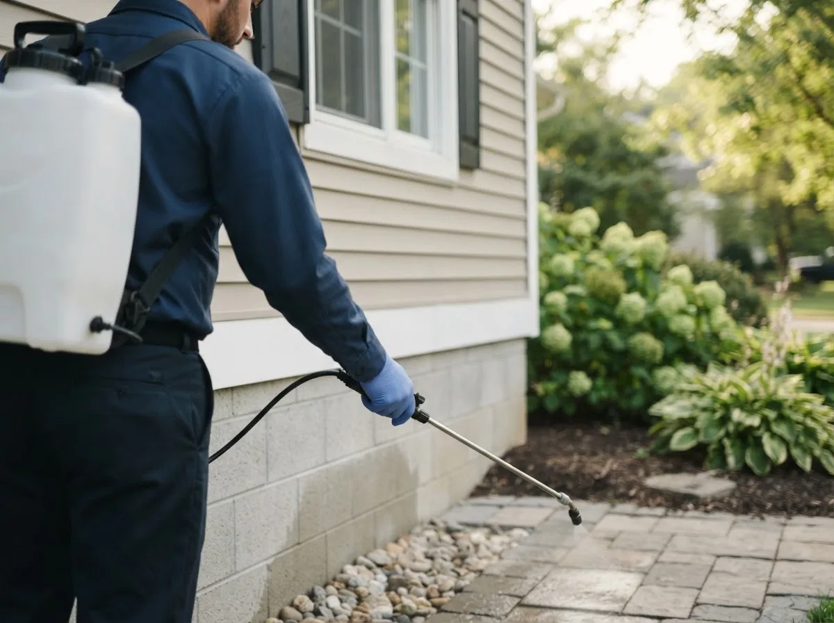 Pest control technician inspecting a home in Ravenswood, WV
